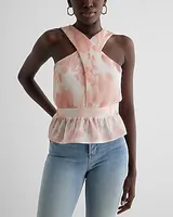 Floral Twist Halter Neck Pleated Peplum Tank