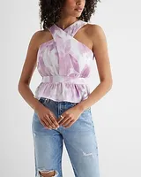 Floral Twist Halter Neck Pleated Peplum Tank Purple Women's