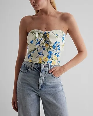 Floral Strapless Ruched Bow Corset Tube Top