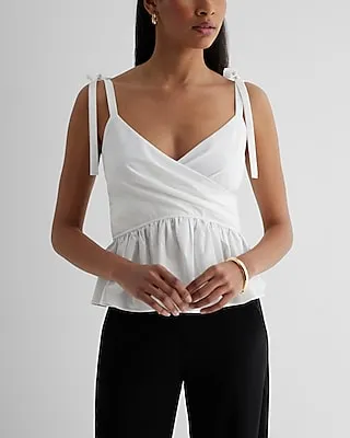 V-Neck Tie Strap Faux Wrap Peplum Tank White Women's XS