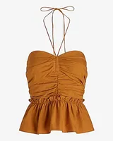 Halter Neck Ruched Peplum Top Yellow Women's XS