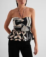 Printed Halter Neck Ruched Peplum Top Black Women's XS