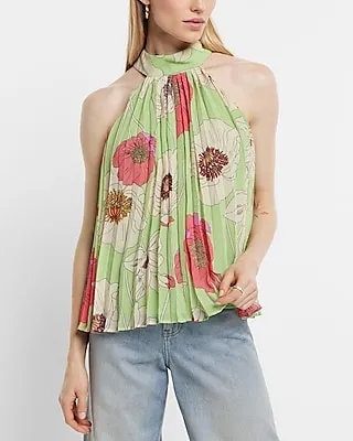 Floral Print Tie Halter Neck Pleated Top Green Women's S