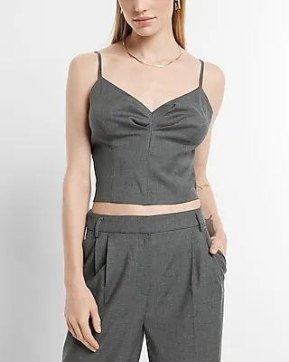 V-Neck Pleated Front Crop Top Gray Women's M