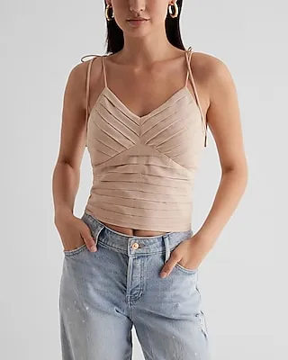 Fitted Linen-Blend Tie-Shoulder Cropped Corset Cami Top