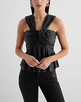 Faux Leather Pleated Twist Front Peplum Tank Black Women's XS