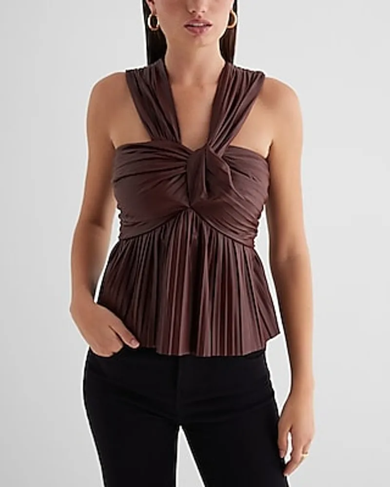 Faux Leather Pleated Twist Front Peplum Tank Brown Women's XL