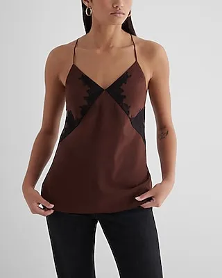 Satin Lace V-Neck Cross-Back Downtown Cami Brown Women's S