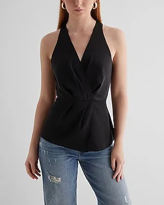 Satin V-Neck Gathered Faux Wrap Front Top Black Women's XS