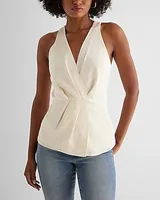 Satin V-Neck Gathered Faux Wrap Front Top White Women's XS