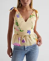 Floral V-Neck Tie Shoulder Peplum Tank