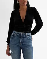 Velvet Deep V-Neck Ruched Button Front Top Black Women's M