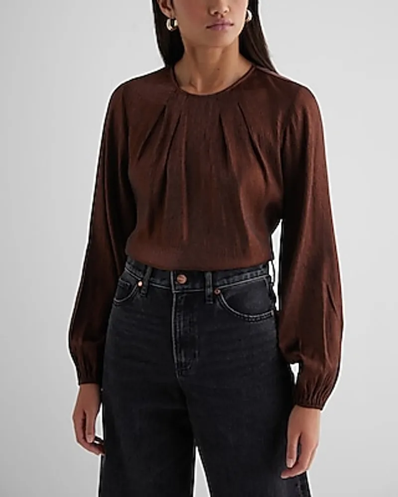 Metallic Gathered Neck Balloon Sleeve Top Brown Women's S