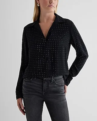 Rhinestone Studded Portofino Shirt Black Women's XS