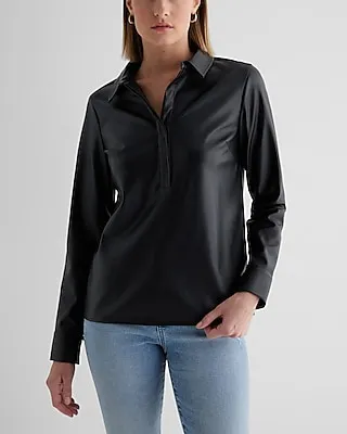Faux Leather Half Button Up Portofino Shirt Black Women's XS