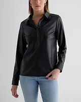 Faux Leather Half Button Up Portofino Shirt Black Women