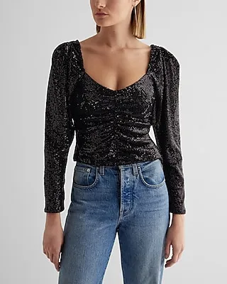Sequin Sweetheart Neckline Puff Sleeve Ruched Front Top Black Women's M