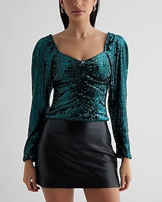 Sequin Sweetheart Neckline Puff Sleeve Ruched Front Top Green Women's