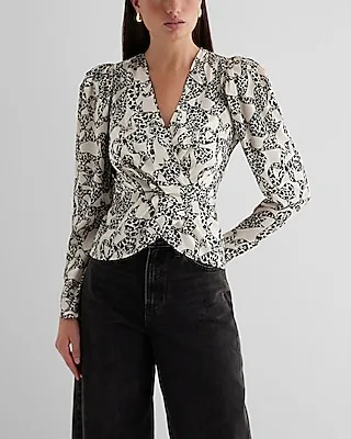 Satin Printed Puff Sleeve Draped Faux Wrap Peplum Top Black Women's S