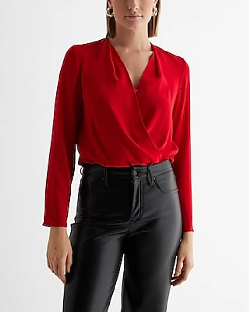 Satin V-Neck Long Sleeve Faux Wrap Bodysuit Red Women's XL