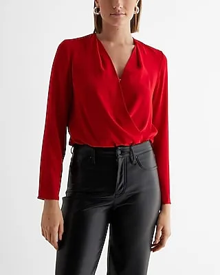 Satin V-Neck Long Sleeve Faux Wrap Bodysuit Red Women's L