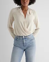 Satin V-Neck Long Sleeve Faux Wrap Bodysuit