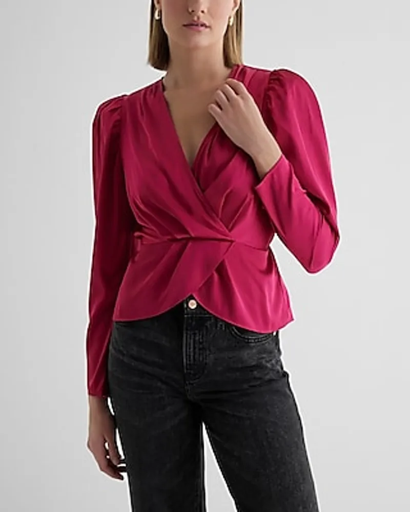 Satin Puff Shoulder Draped Faux Wrap Peplum Top