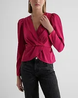 Satin Puff Shoulder Draped Faux Wrap Peplum Top