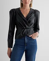 Faux Leather Puff Shoulder Draped Faux Wrap Peplum Top Black Women's XS