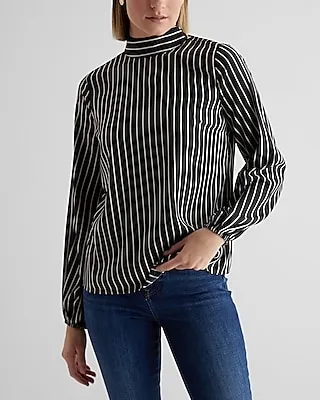 Satin Striped Back Tie Mock Neck Balloon Sleeve Top Multi-Color Women's M