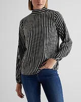 Satin Striped Back Tie Mock Neck Balloon Sleeve Top