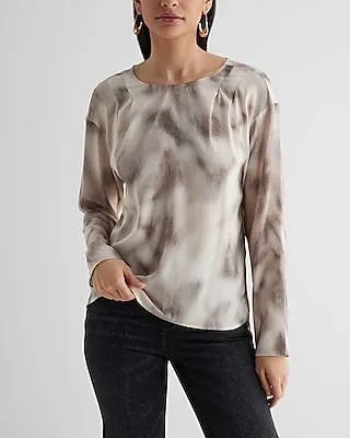 Satin Printed Gathered Shoulder Long Sleeve Top Multi-Color Women's XL