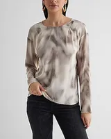 Satin Printed Gathered Shoulder Long Sleeve Top Multi-Color Women's S