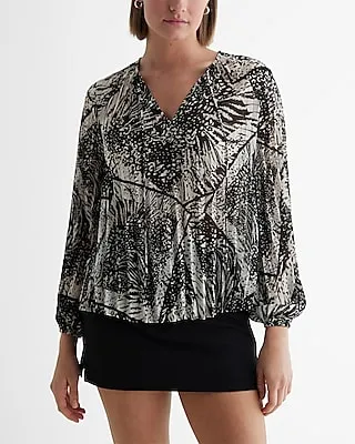 Printed Pleated Tie V-Neck Balloon Sleeve Top Black Women's L