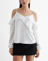 Off The Shoulder Balloon Sleeve Faux Wrap Ruffle Top White Women's S