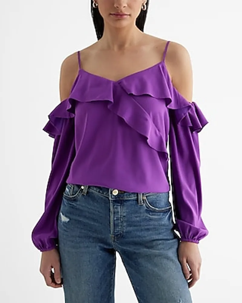 Off The Shoulder Balloon Sleeve Faux Wrap Ruffle Top Purple Women's M