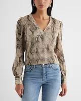 Satin Snakeskin V-Neck Long Sleeve Gathered Front Top