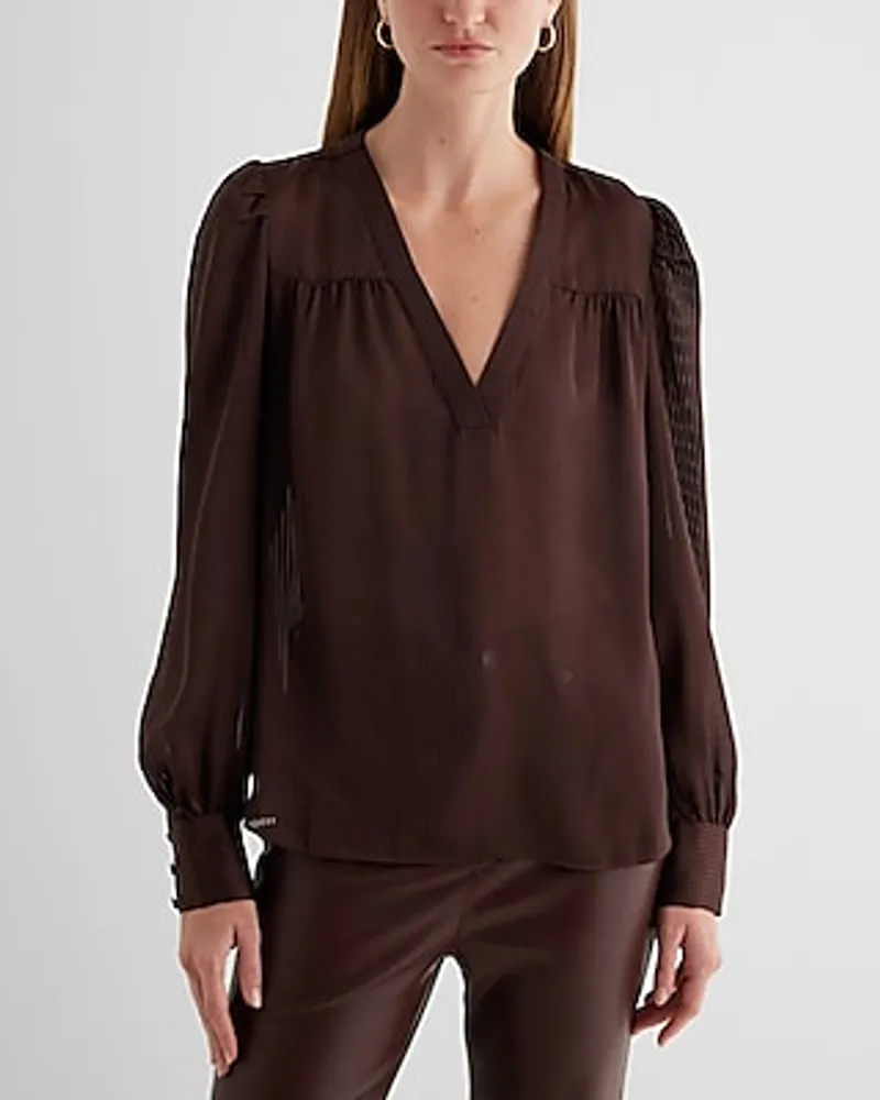 Satin Striped V-Neck Cuff Sleeve Top Brown Women's