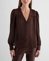 Satin Striped V-Neck Cuff Sleeve Top Brown Women's M