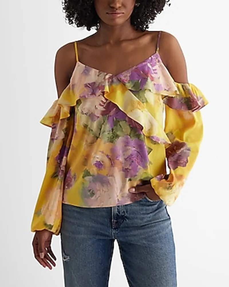 Floral Off The Shoulder Balloon Sleeve Faux Wrap Ruffle Top Yellow Women's