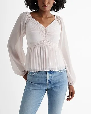 Metallic V-Neck Pleated Ruched Peplum Top Women's