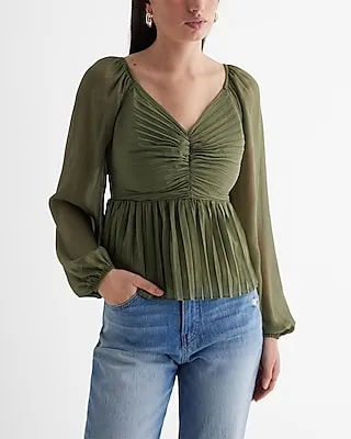 Metallic V-Neck Pleated Ruched Peplum Top