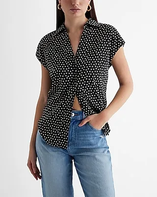 Polka Dot Short Sleeve Button Up Shirt Multi-Color Women's XL