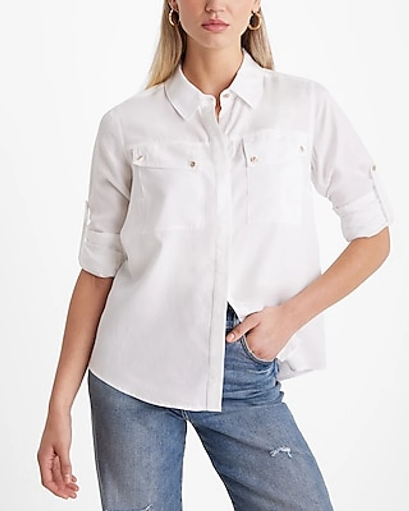 Novelty Button Front Pocket Shirt White Women's L