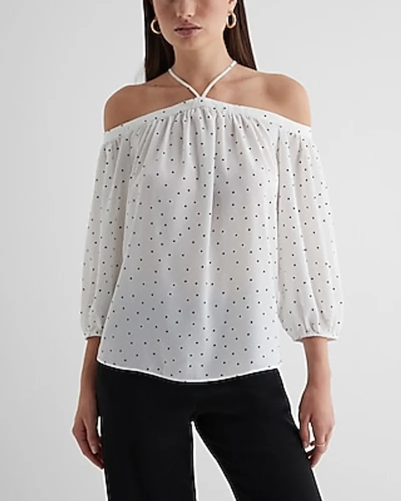 Polka Dot Off The Shoulder Halter Long Sleeve Top Multi-Color Women's XS