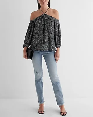 Polka Dot Off The Shoulder Halter Long Sleeve Top Black Women's XS