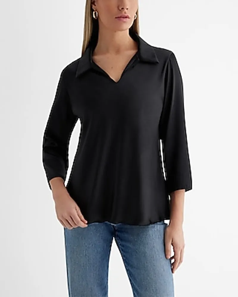 Satin Collared V-Neck Three Quarter Sleeve Top Black Women's S