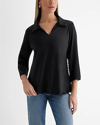 Satin Collared V-Neck Three Quarter Sleeve Top Black Women's XS