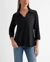 Satin Collared V-Neck Three Quarter Sleeve Top Black Women's S