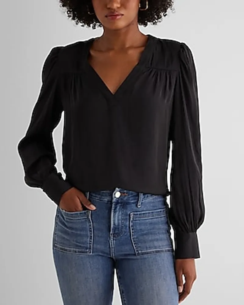 Satin V-Neck Cuff Sleeve Top Black Women's S